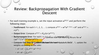 Review: Backpropagation With Gradient
Descent
• For each training example x, set the input activation 𝒂[0](𝑥) and perform the
following steps:
• Feedforward: For each l=1, 2, 3, … L compute 𝒛[𝑙](𝑥) = 𝒘[𝑙] 𝒂 𝑙−1 (𝑥) + 𝒃[𝑙] and 𝒂[𝑙](𝑥) =
𝜎(𝒛 𝑙
)
• Output Error: Compute 𝜺[𝐿](𝑥) = 𝜵 𝒂 𝐽⨀𝜎′(𝒛[𝐿](𝑥))
• Backpropagate Error: For each i=L-l, L-2 , … 1 compute 𝜺[𝑙](𝑥) =
((𝒘[𝑙+1]) 𝑇 𝜺[𝑙+1](𝑥))⨀𝜎′(𝒛[𝑙](𝑥))
• Compute One Step Of Gradient Descent: For each l=L, L-1, L-2, … 1, update the
weights according to the rules:
• 𝒘𝑙
= 𝒘𝑙
−
∝
𝑚 𝑥 𝜺 𝑙 𝑥
(𝒂 𝑙−1 𝑥
) 𝑇
• 𝒃𝑙
= 𝒃𝑙
−
𝛼
𝑚 𝑥 𝜺 𝑙 𝑥
Controls how fast learning occurs for 𝒘𝑙
Controls how fast learning occurs for 𝒃𝑙
 