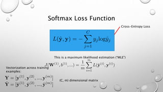 Softmax Loss Function
Cross-Entropy Loss
This is a maximum likelihood estimation (“MLE”)
(C, m) dimensional matrix
Vectorization across training
examples:
 