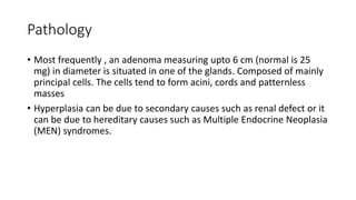Pathology
• Most frequently , an adenoma measuring upto 6 cm (normal is 25
mg) in diameter is situated in one of the glands. Composed of mainly
principal cells. The cells tend to form acini, cords and patternless
masses
• Hyperplasia can be due to secondary causes such as renal defect or it
can be due to hereditary causes such as Multiple Endocrine Neoplasia
(MEN) syndromes.
 