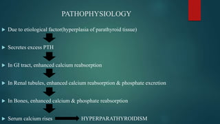 PATHOPHYSIOLOGY
 Due to etiological factor(hyperplasia of parathyroid tissue)
 Secretes excess PTH
 In GI tract, enhanced calcium reabsorption
 In Renal tubules, enhanced calcium reabsorption & phosphate excretion
 In Bones, enhanced calcium & phosphate reabsorption
 Serum calcium rises HYPERPARATHYROIDISM
 