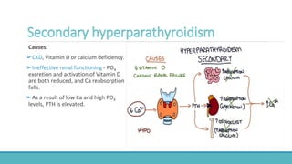 Causes:
➢CKD, Vitamin D or calcium deficiency.
➢Ineffective renal functioning - PO4
excretion and activation of Vitamin D
are both reduced, and Ca reabsorption
falls.
➢As a result of low Ca and high PO4
levels, PTH is elevated.
 