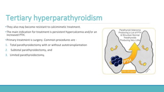 •They also may become resistant to calcimimetic treatment.
•The main indication for treatment is persistent hypercalcemia and/or an
increased PTH.
•Primary treatment is surgery. Common procedures are -
1. Total parathyroidectomy with or without autotransplantation
2. Subtotal parathyroidectomy, and
3. Limited parathyroidectomy.
 