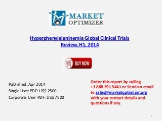 Hyperphenylalaninemia Global Clinical Trials
Review, H1, 2014
Published: Apr 2014
Single User PDF: US$ 2500
Corporate User PDF: US$ 7500
Order this report by calling
+1 888 391 5441 or Send an email
to sales@marketoptimizer.org
with your contact details and
questions if any.
1
 