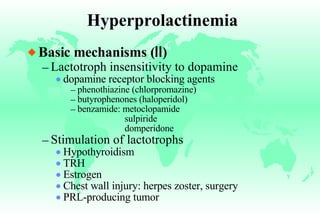 Hyperprolactinemia Basic mechanisms ( Ⅱ ) Lactotroph insensitivity to dopamine dopamine receptor blocking agents phenothiazine (chlorpromazine) butyrophenones (haloperidol) benzamide: metoclopamide   sulpiride   domperidone Stimulation of lactotrophs Hypothyroidism TRH Estrogen Chest wall injury: herpes zoster, surgery PRL-producing tumor 