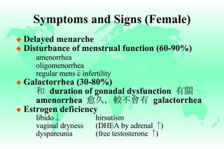 Symptoms and Signs (Female) Delayed menarche Disturbance of menstrual function (60-90%) amenorrhea oligomenorrhea regular mens c infertility Galactorrhea (30-80%) 和   duration of gonadal dysfunction  有關 amenorrhea  愈久，較不會有   galactorrhea Estrogen deficiency libido ↓ hirsutism   vaginal dryness (DHEA by adrenal  ↑ ) dyspareunia (free testosterone  ↑ ) _ 