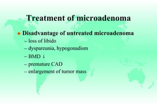 Treatment of microadenoma Disadvantage of untreated microadenoma loss of libido dyspareunia, hypogonadism BMD  ↓ premature CAD enlargement of tumor mass 