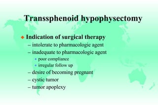 Transsphenoid hypophysectomy Indication of surgical therapy intolerate to pharmacologic agent inadequate to pharmacologic agent poor compliance irregular follow up desire of becoming pregnant cystic tumor tumor apoplexy 