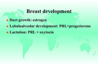 Breast development Duct growth: estrogen Lobuloalveolar development: PRL+progesterone Lactation: PRL + oxytocin 