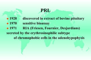 PRL 1928 discovered in extract of bovine pituitary 1970 sensitive bioassay 1971 RIA (Friesen, Fournier, Desjardians) secreted by the erythrosinophilic subtype of chromophobic cells in the adenohypophysis 