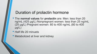 Duration of prolactin hormone
• The normal values for prolactin are: Men: less than 20
ng/mL (425 µg/L) Nonpregnant women: less than 25 ng/mL
(25 µg/L) Pregnant women: 80 to 400 ng/mL (80 to 400
µg/L)
• Half life 20 minuets
• Metabolized at liver and kidney
 