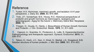 Reference
1. Tucker, H.A. Hormones, mammary growth, and lactation: A 41-year
perspective. J. Dairy Sci. 2000, 83, 874–884.
2. Trott, J.F.; Vonderhaar, B.K.; Hovey, R.C. Historical perspectives of
prolactin and growth hormone as mammogens, lactogens and
galactagogues—Agog for the future! J. Mammary Gland Biol. Neoplasia
2008, 13,
3. Friesen, H.; Guyda, H.; Hardy, J. Biosynthesis of Human Growth Hormone
and Prolactin. J. Clin. Endocrinol. Metab. 1970, 31, 611–624.
4. Capozzi, A.; Scambia, G.; Pontecorvi, A.; Lello, S. Hyperprolactinemia:
Pathophysiology and therapeutic approach. Gynecol. Endocrinol. 2015, 31,
506–510.
5. Teilum, K.; Hoch, J.C.; Gon, V.; Kinet, S.; Martial, J.A.; Kragelund, B.B.
Solution structure of human prolactin. J. Mol. Biol. 2005, 351, 810–823.
 