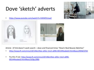 Dove ‘sketch’ adverts
• https://www.youtube.com/watch?v=litXW91UauE
Article: (if link doesn’t work search – dove and financial times “Dove’s Real Beauty Sketches”
• Http://www.ft.com/cms/s/0/146e19ee-a92e-11e2-a096-00144feabdc0.html#axzz2RSNZ1f3H
• Try this if not: http://www.ft.com/cms/s/0/146e19ee-a92e-11e2-a096-
00144feabdc0.html#axzz3L0gu2B8z
 