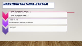 GASTROINTESTINAL SYSTEM
• INCREASED APPETITE
• INCREASED THIRST
• WEIGHT LOSS
• HEPATOMEGALY AND SPLEENOMEGALY
• DIARRHEA
 