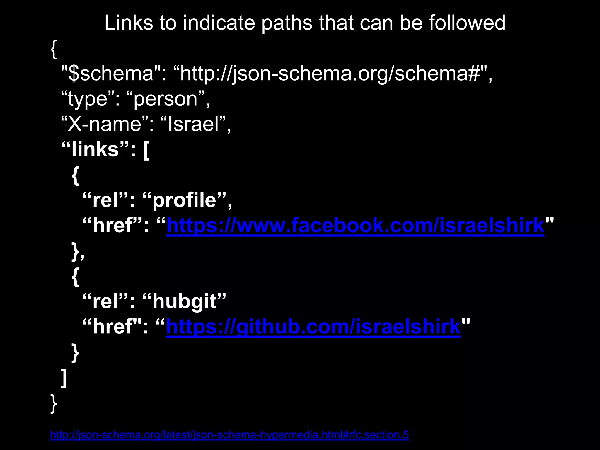 Links to indicate paths that can be followed
{
"$schema": “http://json-schema.org/schema#",
“type”: “person”,
“X-name”: “Israel”,
“links”: [
{
“rel”: “profile”,
“href”: “https://www.facebook.com/israelshirk"
},
{
“rel”: “hubgit”
“href": “https://github.com/israelshirk"
}
]
}
http://json-schema.org/latest/json-schema-hypermedia.html#rfc.section.5
 