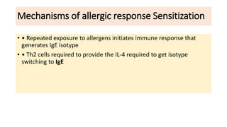 Mechanisms of allergic response Sensitization
• • Repeated exposure to allergens initiates immune response that
generates IgE isotype
• • Th2 cells required to provide the IL-4 required to get isotype
switching to IgE
 