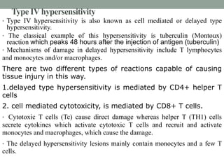 Type IV hypersensitivity 
• Type IV hypersensitivity is also known as cell mediated or delayed type 
hypersensitivity. 
• The classical example of this hypersensitivity is tuberculin (Montoux) 
reaction which peaks 48 hours after the injection of antigen (tuberculin) 
• Mechanisms of damage in delayed hypersensitivity include T lymphocytes 
and monocytes and/or macrophages. 
There are two different types of reactions capable of causing 
tissue injury in this way. 
1.delayed type hypersensitivity is mediated by CD4+ helper T 
cells 
2. cell mediated cytotoxicity, is mediated by CD8+ T cells. 
• Cytotoxic T cells (Tc) cause direct damage whereas helper T (TH1) cells 
secrete cytokines which activate cytotoxic T cells and recruit and activate 
monocytes and macrophages, which cause the damage. 
• The delayed hypersensitivity lesions mainly contain monocytes and a few T 
cells. 
 