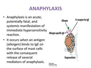 ANAPHYLAXIS
• Anaphylaxis is an acute,
potentially fatal, and
systemic manifestation of
immediate hypersensitivity
reaction.
• It occurs when an antigen
(allergen) binds to IgE on
the surface of mast cells
with the consequent
release of several
mediators of anaphylaxis.
 