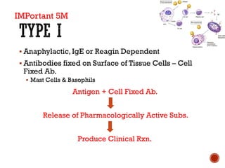 ▪ Anaphylactic, IgE or Reagin Dependent
▪ Antibodies fixed on Surface of Tissue Cells – Cell
Fixed Ab.
▪ Mast Cells & Basophils
Antigen + Cell Fixed Ab.
Release of Pharmacologically Active Subs.
Produce Clinical Rxn.
IMPortant 5M
 
