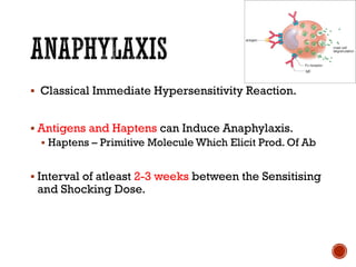 ▪ Classical Immediate Hypersensitivity Reaction.
▪ Antigens and Haptens can Induce Anaphylaxis.
▪ Haptens – Primitive Molecule Which Elicit Prod. Of Ab
▪ Interval of atleast 2-3 weeks between the Sensitising
and Shocking Dose.
 