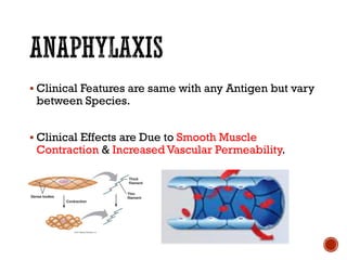 ▪ Clinical Features are same with any Antigen but vary
between Species.
▪ Clinical Effects are Due to Smooth Muscle
Contraction & Increased Vascular Permeability.
 