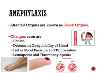 ▪Affected Organs are known as Shock Organs.
▪Changes seen are
▪ Edema
▪ Decreased Coagulability of Blood
▪ Fall in Blood Pressure and Temperature
▪ Leucopenia and Thrombocytopenia
 