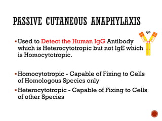 ▪Used to Detect the Human IgG Antibody
which is Heterocytotropic but not lgE which
is Homocytotropic.
▪Homocytotropic - Capable of Fixing to Cells
of Homologous Species only
▪Heterocytotropic - Capable of Fixing to Cells
of other Species
 