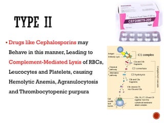 ▪ Drugs like Cephalosporins may
Behave in this manner, Leading to
Complement-Mediated Lysis of RBCs,
Leucocytes and Platelets, causing
Hemolytic Anemia, Agranulocytosis
and Thrombocytopenic purpura
 
