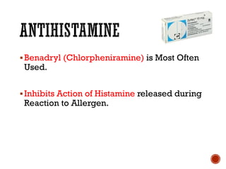 ▪Benadryl (Chlorpheniramine) is Most Often
Used.
▪Inhibits Action of Histamine released during
Reaction to Allergen.
 