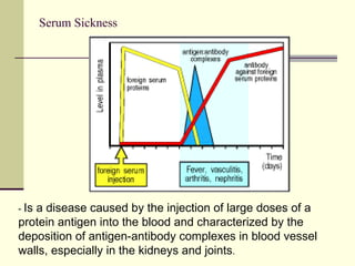 Serum Sickness
- Is a disease caused by the injection of large doses of a
protein antigen into the blood and characterized by the
deposition of antigen-antibody complexes in blood vessel
walls, especially in the kidneys and joints.
 