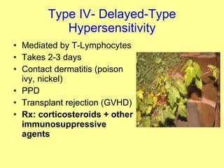 Type IV- Delayed-Type Hypersensitivity Mediated by T-Lymphocytes Takes 2-3 days Contact dermatitis (poison ivy, nickel) PPD Transplant rejection (GVHD) Rx: corticosteroids + other immunosuppressive agents 