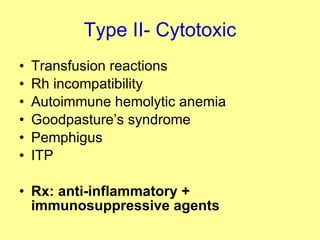 Type II- Cytotoxic Transfusion reactions Rh incompatibility Autoimmune hemolytic anemia Goodpasture’s syndrome Pemphigus ITP Rx: anti-inflammatory + immunosuppressive agents 