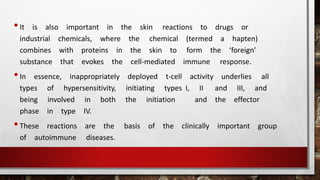 •It is also important in the skin reactions to drugs or
industrial chemicals, where the chemical (termed a hapten)
combines with proteins in the skin to form the ‘foreign’
substance that evokes the cell-mediated immune response.
•In essence, inappropriately deployed t-cell activity underlies all
types of hypersensitivity, initiating types I, II and III, and
being involved in both the initiation and the effector
phase in type IV.
•These reactions are the basis of the clinically important group
of autoimmune diseases.
 
