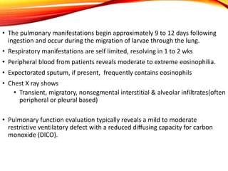 • The pulmonary manifestations begin approximately 9 to 12 days following
ingestion and occur during the migration of larvae through the lung.
• Respiratory manifestations are self limited, resolving in 1 to 2 wks
• Peripheral blood from patients reveals moderate to extreme eosinophilia.
• Expectorated sputum, if present, frequently contains eosinophils
• Chest X ray shows
• Transient, migratory, nonsegmental interstitial & alveolar infiltrates(often
peripheral or pleural based)
• Pulmonary function evaluation typically reveals a mild to moderate
restrictive ventilatory defect with a reduced diffusing capacity for carbon
monoxide (DlCO).
 