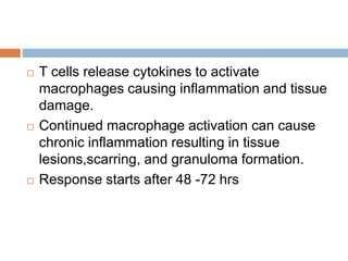 T cells release cytokines to activate
macrophages causing inflammation and tissue
damage.
 Continued macrophage activation can cause
chronic inflammation resulting in tissue
lesions,scarring, and granuloma formation.
 Response starts after 48 -72 hrs
 