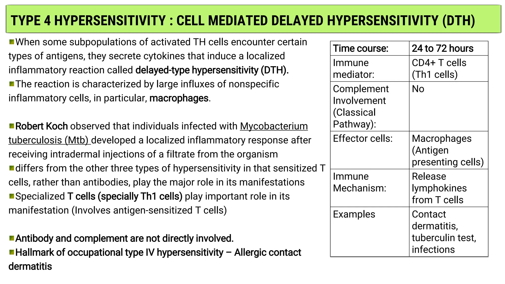 TYPE 4 HYPERSENSITIVITY : CELL MEDIATED DELAYED HYPERSENSITIVITY (DTH)
When some subpopulations of activated TH cells encounter certain
types of antigens, they secrete cytokines that induce a localized
inflammatory reaction called delayed-type hypersensitivity (DTH).
The reaction is characterized by large influxes of nonspecific
inflammatory cells, in particular, macrophages.
Robert Koch observed that individuals infected with Mycobacterium
tuberculosis (Mtb) developed a localized inflammatory response after
receiving intradermal injections of a filtrate from the organism
differs from the other three types of hypersensitivity in that sensitized T
cells, rather than antibodies, play the major role in its manifestations
Specialized T cells (specially Th1 cells) play important role in its
manifestation (Involves antigen-sensitized T cells)
Antibody and complement are not directly involved.
Hallmark of occupational type IV hypersensitivity – Allergic contact
dermatitis
Time course: 24 to 72 hours
Immune
mediator:
CD4+ T cells
(Th1 cells)
Complement
Involvement
(Classical
Pathway):
No
Effector cells: Macrophages
(Antigen
presenting cells)
Immune
Mechanism:
Release
lymphokines
from T cells
Examples Contact
dermatitis,
tuberculin test,
infections
 