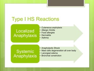 Type I HS Reactions
• Cutaneous anphylaxix
• Allergic rhinitis
• Food allergies
• Dermatitis
• Asthma
Localized
Anaphylaxis
• Anaphylactic Shock
• Mast cells degeneration all over body
• Laryngeal edema
• Bronchial constriction
Systemic
Anaphylaxis
 