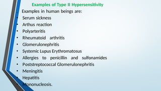Examples of Type II Hypersensitivity
. Examples in human beings are:
• Serum sickness
• Arthus reaction
• Polyarteritis
• Rheumatoid arthritis
• Glomerulonephritis
• Systemic Lupus Erythromatosus
• Allergies to penicillin and sulfonamides
• Poststreptococcal Glomerulonephritis
• Meningitis
• Hepatitis
• Mononucleosis.
 
