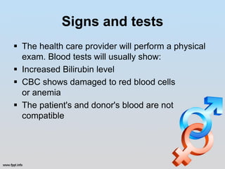 Signs and tests
 The health care provider will perform a physical
  exam. Blood tests will usually show:
 Increased Bilirubin level
 CBC shows damaged to red blood cells
  or anemia
 The patient's and donor's blood are not
  compatible
 