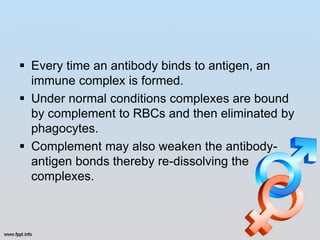  Every time an antibody binds to antigen, an
  immune complex is formed.
 Under normal conditions complexes are bound
  by complement to RBCs and then eliminated by
  phagocytes.
 Complement may also weaken the antibody-
  antigen bonds thereby re-dissolving the
  complexes.
 