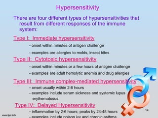 Hypersensitivity
There are four different types of hypersensitivities that
  result from different responses of the immune
  system:
Type I: Immediate hypersensitivity
       - onset within minutes of antigen challenge
       - examples are allergies to molds, insect bites
Type II: Cytotoxic hypersensitivity
       - onset within minutes or a few hours of antigen challenge
       - examples are adult hemolytic anemia and drug allergies

Type III: Immune complex-mediated hypersensitivity
       - onset usually within 2-6 hours
       - examples include serum sickness and systemic lupus
         erythematosus
Type IV: Delayed Hypersensitivity
                                                                    14
       - inflammation by 2-6 hours; peaks by 24-48 hours
 