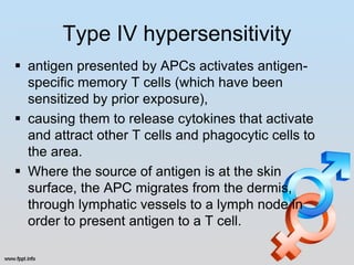 Type IV hypersensitivity
 antigen presented by APCs activates antigen-
  specific memory T cells (which have been
  sensitized by prior exposure),
 causing them to release cytokines that activate
  and attract other T cells and phagocytic cells to
  the area.
 Where the source of antigen is at the skin
  surface, the APC migrates from the dermis,
  through lymphatic vessels to a lymph node in
  order to present antigen to a T cell.
 