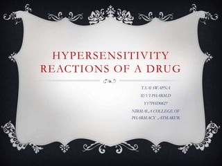 HYPERSENSITIVITY
REACTIONS OF A DRUG
T.SAI SWAPNA
II/VI PHARM.D
Y17PHD0827
NIRMALA COLLEGE OF
PHARMACY ,ATMAKUR
 