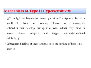 Mechanism of Type II Hypersensitivity
• IgM or IgG antibodies are made against self antigens either as a
result of failure of immune tolerance or cross-reactive
antibodies can develop during infections, which may bind to
normal tissue antigens and trigger antibody-mediated
cytotoxicity.
• Subsequent binding of these antibodies to the surface of host cells
leads to
 