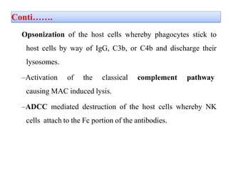 Conti…….
Opsonization of the host cells whereby phagocytes stick to
host cells by way of IgG, C3b, or C4b and discharge their
lysosomes.
–Activation of the classical complement pathway
causing MAC induced lysis.
–ADCC mediated destruction of the host cells whereby NK
cells attach to the Fc portion of the antibodies.
 
