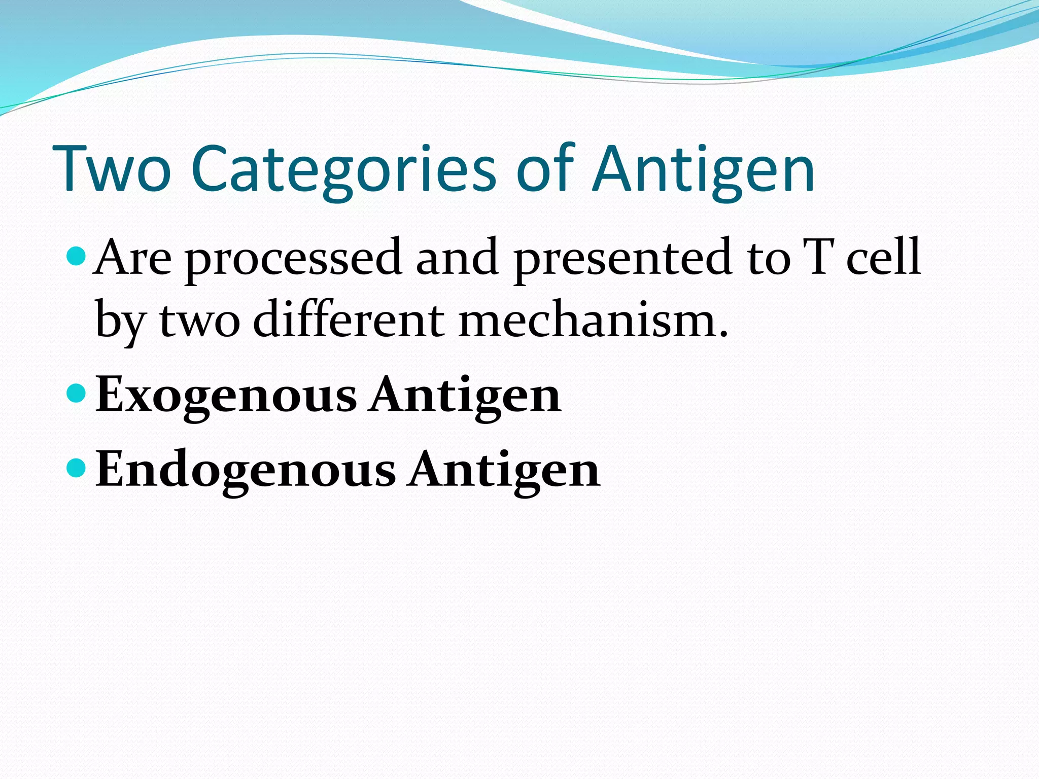 Two Categories of Antigen
Are processed and presented to T cell
by two different mechanism.
Exogenous Antigen
Endogenous Antigen
 