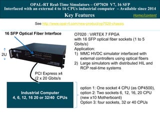 Home/contentSee http://www.opal-rt.com/new-product/op7020-chassis
OPAL-RT Real-Time Simulators – OP7020 V7, 16 SFP
Interfaced with an external 4 to 16 CPUs industrial computer – Available since 2014
option 1: One socket 4 CPU (as OP4500),
option 2: Two sockets 6, 12, 16, 20 CPU
(new x10 Motherboard)
Option 3: four sockets, 32 or 40 CPUs
Key Features
Industrial Computer
4, 6, 12, 16 20 or 32/40 CPUs
PCI Express x4
(2 x 20 Gbits/s
O7020 : VIRTEX 7 FPGA
with 16 SFP optical fiber sockets (1 to 5
Gbits/s)
Application:
1) MMC HVDC simulator interfaced with
external controllers using optical fibers
2) Large simulators with distributed HIL and
RCP real-time systems
2U
16 SFP Optical Fiber Interface
Home/content
 