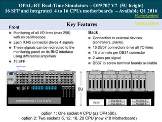 Home/contentKey Features
OPAL-RT Real-Time Simulators – OP5707 V7 (5U height)
16 SFP and integrated 4 to 16 CPUs motherboards – Available Q1 2016
MOTHERBOARD 4, 12 or 16 CPU PCI Slot 5
PCI Slot 6
PCI Slot 3
PCI Slot 4ALIM
Front
Monitoring of all I/O lines (max 256)
with an oscilloscope
Each RJ45 connector drives 4 signals
These signals can be redirected to the
monitoring panel an its BNC interface
using differential amplifiers
16 SFP
Back
Connection to external devices
(controllers, plants)
16 DB37 connectors drive all I/O lines
16 channels per DB37 connector
2 wires per signal
DB37 to screw terminal boards available
option 1: One socket 4 CPU (as OP4500),
option 2: Two sockets 6, 12, 16, 20 CPU (new x10 Motherboard)
16 SFP 5U
Home/content
 