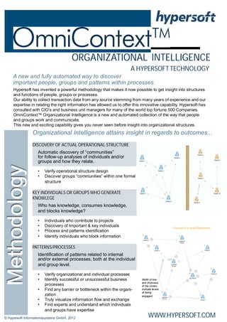 ORGANIZATIONAL INTELLIGENCE
                                                                       A HYPERSOFT TECHNOLOGY
     A new and fully automated way to discover
     important people, groups and patterns within processes.
     Hypersoft has invented a powerful methodology that makes it now possible to get insight into structures
     and functions of people, groups or processes.
     Our ability to collect transaction data from any source stemming from many years of experience and our
     expertise in relating the right information has allowed us to offer this innovative capability. Hypersoft has
     consulted with CIO’s and business unit managers for many of the world top fortune 500 Companies.
     OmniContext™ Organizational Intelligence is a new and automated collection of the way that people
     and groups work and communicate.
     This new and exciting capability gives you never seen before insight into organizational structures.
                Organizational Intelligence attains insight in regards to outcomes...
                DISCOVERY OF ACTUAL OPERATIONAL STRUCTURE
                   Automatic discovery of “communities”
                   for follow-up analyses of individuals and/or
                   groups and how they relate.

                   •   Verify operational structure design
                   •   Discover groups “communities” within one formal
                       structure

                KEY INDIVIDUALS OR GROUPS WHO GENERATE
                KNOWLEGE
                   Who has knowledge, consumes knowledge,
                   and blocks knowledge?

                   •   Individuals who contribute to projects
                   •   Discovery of Important & key individuals                                Example of a small Department
                   •   Process and patterns identiﬁcation
                   •   Identify individuals who block information

                PATTERNS/PROCESSES
                   Identiﬁcation of patterns related to internal
                   and/or external processes, both at the individual
                   and group level.

                   •   Verify organizational and individual processes
                   •   Identify successful or unsuccessful business          Width of line
                                                                             and thickness
                       processes                                             of the circles
                   •   Find any barrier or bottleneck within the organi-     indicate levels
                                                                             of being
                       zation                                                engaged
                   •   Truly visualize information ﬂow and exchange
                   •   Find experts and understand which individuals
                       and groups have expertise
© Hypersoft Informationssysteme GmbH, 2012                                        WWW.HYPERSOFT.COM
 