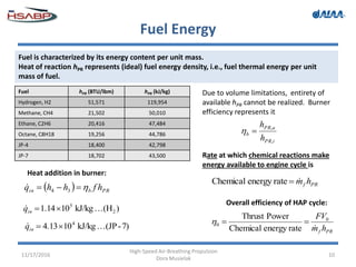 Fuel Energy
11/17/2016
High-Speed Air-Breathing Propulsion
Dora Musielak
10
Fuel is characterized by its energy content per unit mass.
Heat of reaction hPR represents (ideal) fuel energy density, i.e., fuel thermal energy per unit
mass of fuel.
Fuel hPR (BTU/lbm) hPR (kJ/kg)
Hydrogen, H2 51,571 119,954
Methane, CH4 21,502 50,010
Ethane, C2H6 20,416 47,484
Octane, C8H18 19,256 44,786
JP-4 18,400 42,798
JP-7 18,702 43,500 Rate at which chemical reactions make
energy available to engine cycle is
PRf hmrateenergyChemical
Overall efficiency of HAP cycle:
PRf hm
FV

0
0
rateenergyChemical
PowerThrust

Due to volume limitations, entirety of
available hPR cannot be realized. Burner
efficiency represents it
iPR
aPR
b
h
h
,
,

Heat addition in burner:
  PRbin hfhhq  34

)(HkJ/kg1014.1 2
5
 inq
7)-(JPkJ/kg1013.4 4
 inq
 