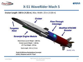 X-51 WaveRider Mach 5
11/17/2016
High-Speed Air-Breathing Propulsion
Dora Musielak
17
Cruiser Length: 168 in ( 4.26 m), Max. Width: 23 in ( 0.58 m)
Stack Length: 301 in ( 7.6 m)
Pratt & Whitney Rocketdyne Scramjet
SJY61, Ethylene and JP-7 Fuel
 
